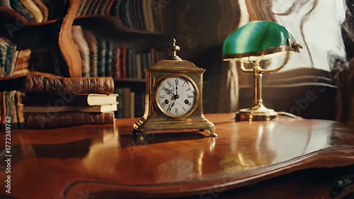 A close-up shot of a vintage gold clock on a wooden desk with a green lamp in the background