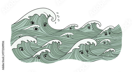 Stylized ocean waves with hidden, watchful eyes, illustrating the sea's profound mystery and depth