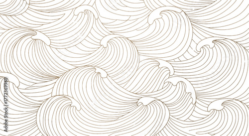 Graceful flowing lines form an intricate, endless pattern of stylized ocean waves on a clean white canvas