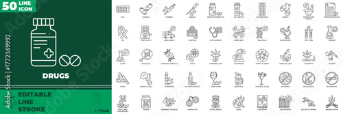 Drugs Line Editable Icons set. Vector illustration in modern thin line style of drugs icons: addict, cannabis, ecstasy, etc