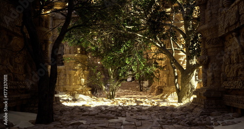 Photos Sunlight filters through the dense trees, illuminating ancient stone carvings in a serene historic site