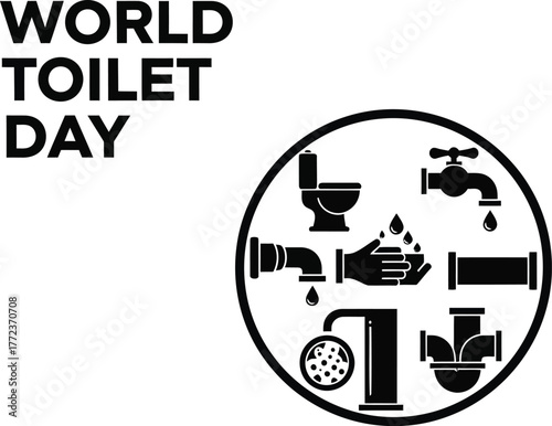 World toilet day illustration with plumbing fixtures and water drop for sanitation awareness