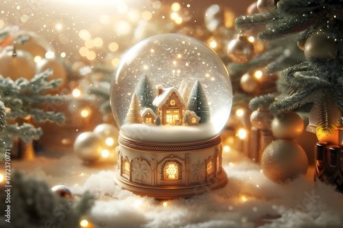 Christmas snow globe with a small house and pine trees