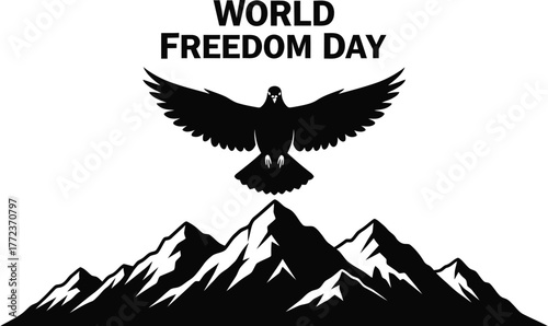 Silhouette illustration of a bird flying over mountains for world freedom day