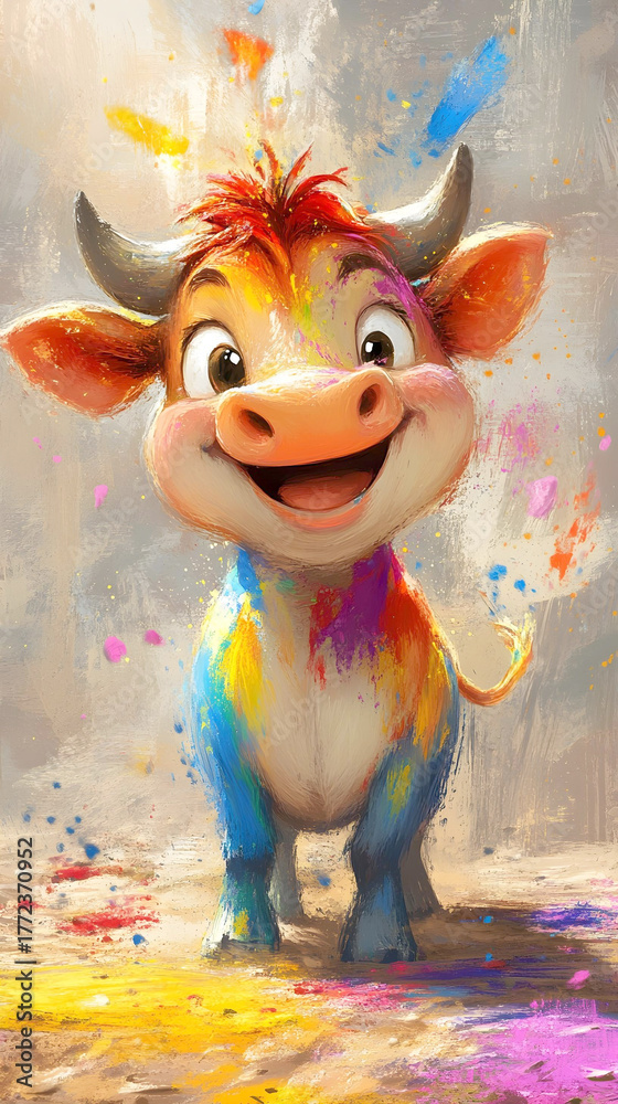 Obraz premium Colorful cow character smiles with vibrant paint splashes in a creative art setting