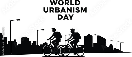 Silhouette illustration for world urbanism day with cyclists riding through a city