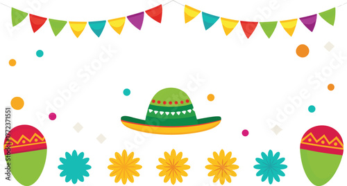 Cinco de Mayo border with sombreros, maracas, and colorful paper banners.