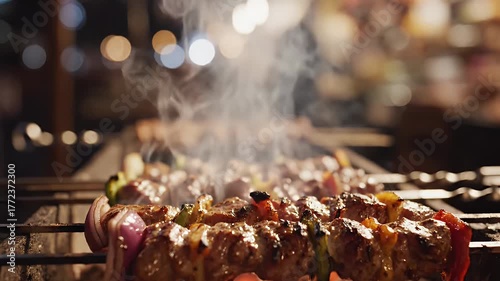 Close-up of grilling skewers, smoke rising, with meat, onions, peppers, and flames