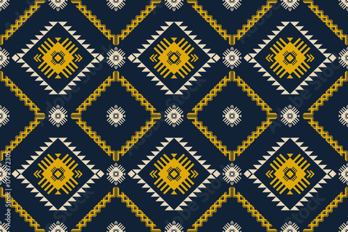 Geometric Textile Pattern with Diamonds and Lines in Vibrant Blue and Yellow Color Scheme