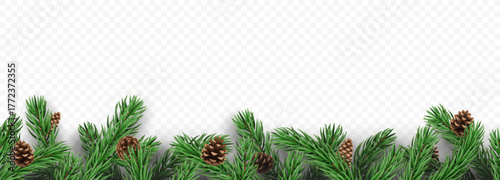 Vector frame with pine tree branches with cones and shadows, isolated on a transparent background. Holiday border fir tree branch for winter banner, poster, greeting card.