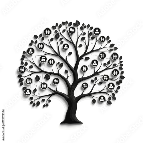 Symbolic family tree with ancestor icons representing genealogy and heritage.