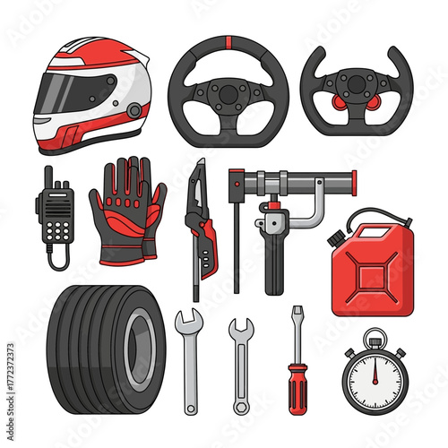 Vector collection of car racing equipment and pit crew tools.