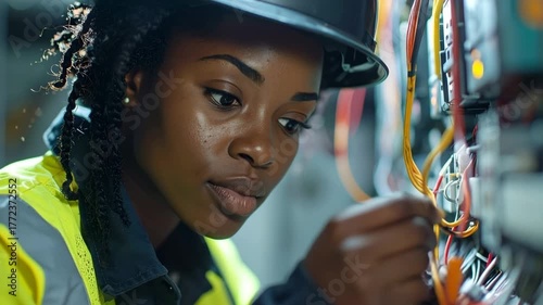 配線、作業をしている女性