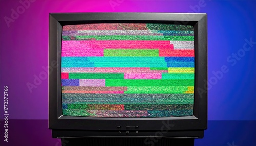 Vintage CRT Television with Colorful Glitch and Scanlines