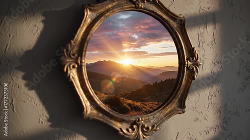 Ornate gold-framed mirror reflects a beautiful landscape featuring a sunrise over rolling hills