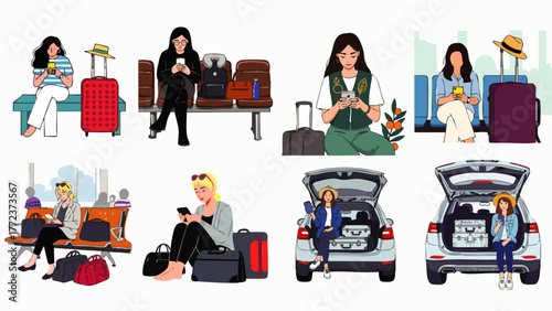 Diverse illustrations depicting women at various stages of travel, from waiting at the airport to packing luggage into a car for a journey.