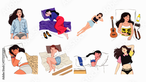 A diverse collection of illustrations showcases various poses of a young woman in different sleeping positions, offering a glimpse into relaxation.