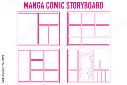 Manga comics layout panel template with frame, page design showing action and speed lines. Set of collage grid manga comic storyboard layout panel blank template. Empty page frame for comic book, phot