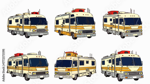 A collection of vintage RV illustrations, showcasing different perspectives of the classic recreational vehicles with retro vibes.
