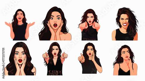 A collection of illustrated female portraits showcasing diverse expressions, including surprise, anger, and approval, on a white background.