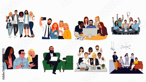 Diverse group of people collaborating on projects, celebrating success, and enjoying moments together in various settings, fostering teamwork.