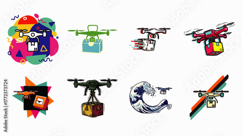 A collection of colorful drone illustrations showcasing delivery services, technology, and futuristic concepts, perfect for various design projects.
