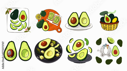 A collection of vibrant avocado illustrations, showcasing various presentations, perfect for culinary and healthy eating concepts.