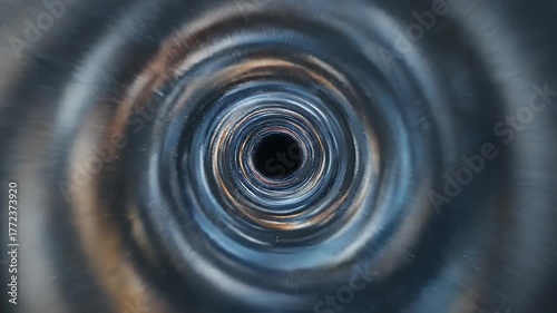 A dynamic abstract composition of a circular, metallic structure with shattered edges