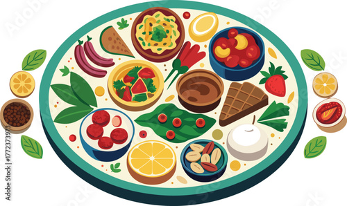 Elegant world food platter with Mediterranean, Asian, and African dishes in circular layout.