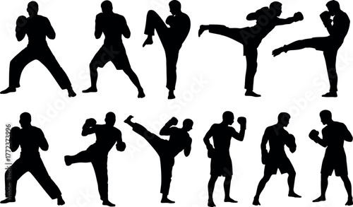 Martial Arts Silhouettes Collection Poses of Boxing Kickboxing and Self Defense