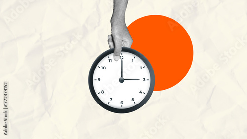 time management a Halftone collage hand holding an analog wall clock. for productivity, scheduling, deadlines, and work-life balance. Modern minimalist design