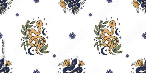 Seamless Pattern with Mystical Snakes, Moon and Flowers on White Background. Repeating Textured Hand Drawing Doodle. Vector horizontal illustration. Not AI