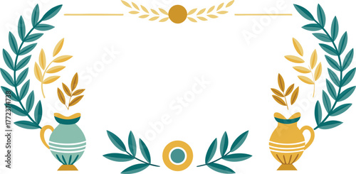 Greek festival border with olive branches, amphora, and laurel wreaths.