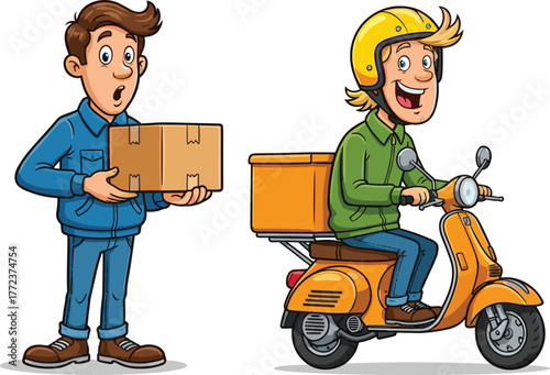 Cartoon delivery person on scooter with package, funny courier illustration, surprised recipient holding box, playful shipping service characters artwork