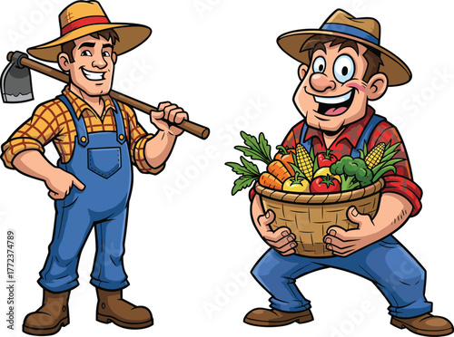 Cartoon farmers with hoe and vegetable basket, funny agriculture illustration, smiling workers harvesting crops, colorful farm characters, playful rural lifestyle artwork