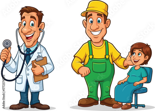 Cartoon doctor farmer and child, friendly professions illustration, healthcare and agriculture characters, smiling workers with stethoscope clipboard, community care artwork