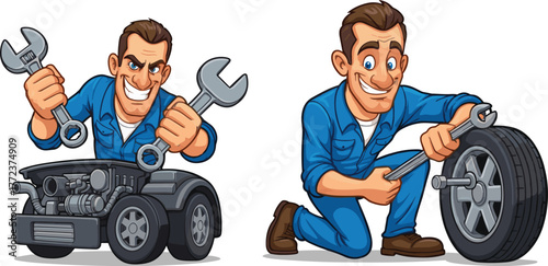 Cartoon mechanic working on car engine and tire, funny auto repair illustration, smiling worker with wrench, clipboard, garage service artwork