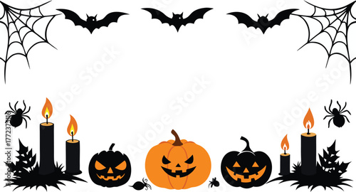 Halloween border with pumpkins, candles, bats, and cobwebs, realistic style.