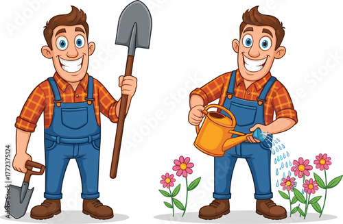 Cartoon gardener character with shovel and watering can, funny gardening illustration, smiling worker planting flowers, horticulture, home garden care artwork
