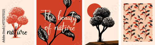 The beauty of nature poster. Vector illustration of tree, leaves, landscape, scenery. Autumn design.