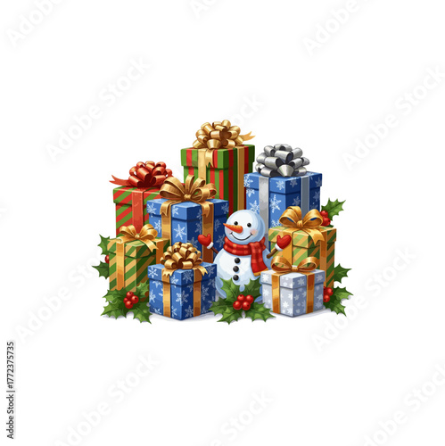A festive assortment of colorful Christmas gift boxes, adorned with ribbons and bows, surrounds a cheerful snowman amidst holly and berries, evoking holiday spirit.