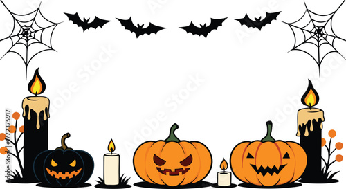 Halloween border with pumpkins, candles, bats, and cobwebs, realistic styles design.
