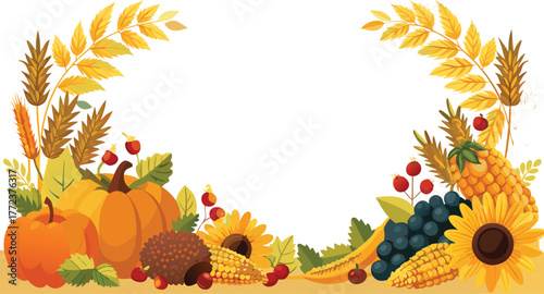 Harvest festival border with ripe fruits, grains, and sunflowers, detailed realism vector.