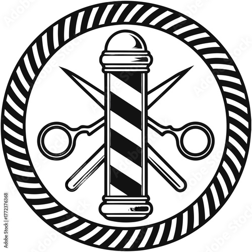 Vector illustration of a circular emblem featuring a classic barber’s pole, crossed scissors, straight razor, and vintage clippers