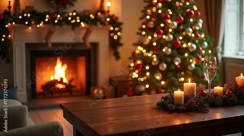 Cozy Indoor Christmas Scene with Fireplace, Tree, Candles, and Holiday Decor