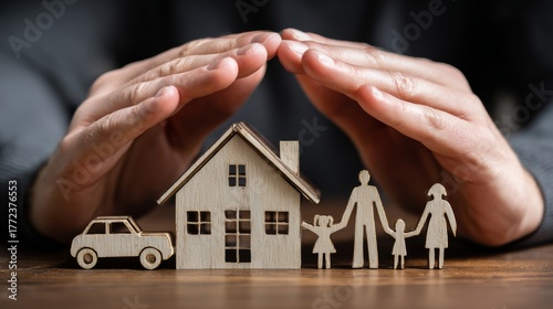 Two hands protecting a family with their car and home in front, symbolizing safety, care, and property insurance security.