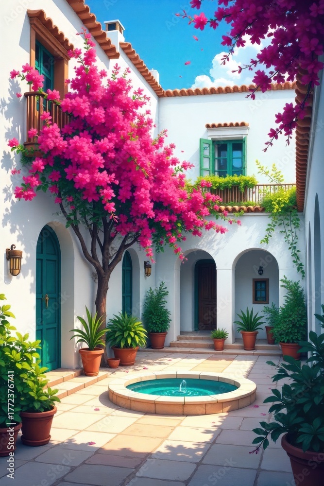 Naklejka premium Sun drenched Andalusian courtyard with vibrant bougainvillea and terracotta pots. An empty, sun drenched Andalusian courtyard. Vibrant pink bougainvillea cascades down whitewashed walls. Terracotta