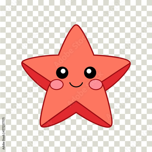 Cute cartoon red starfish with a happy smile and rosy cheeks