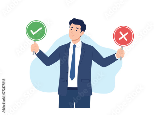 Businessman holding right and wrong signs — thoughtful male character making choice or decision, concept of correct or incorrect, true or false, flat vector illustration.