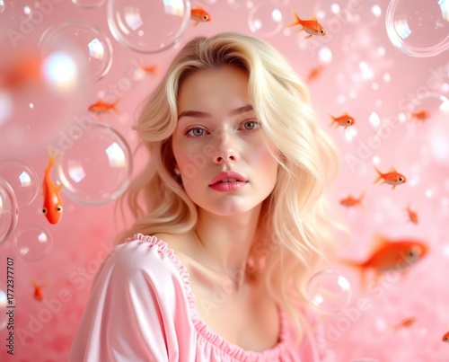A woman with blonde hair is standing in front of a pink wall